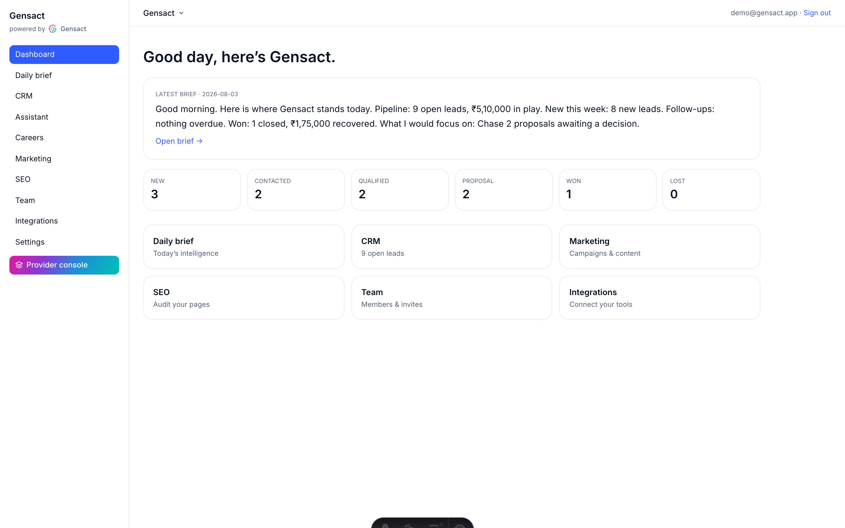 The Gensact platform dashboard